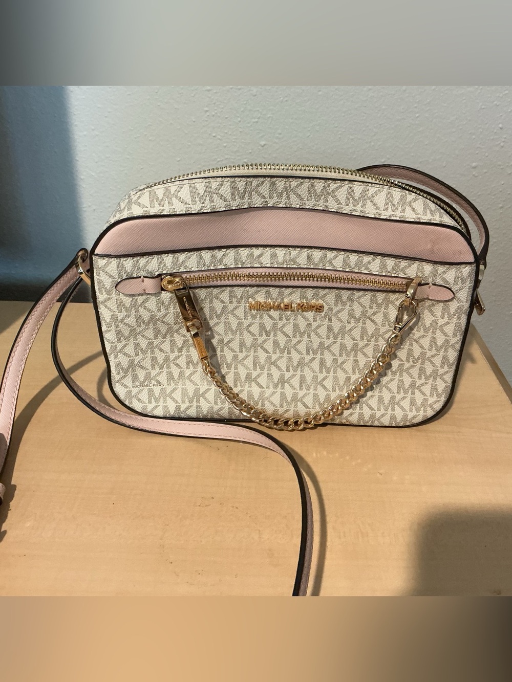 Michael Kors Ivory MK Logo Crossbody with Pink Trim and Gold Chain